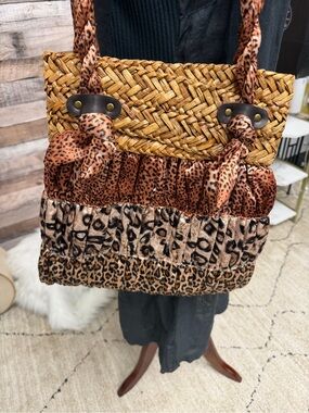 Blue Miami Woven Straw Leopard Print Bag N/A